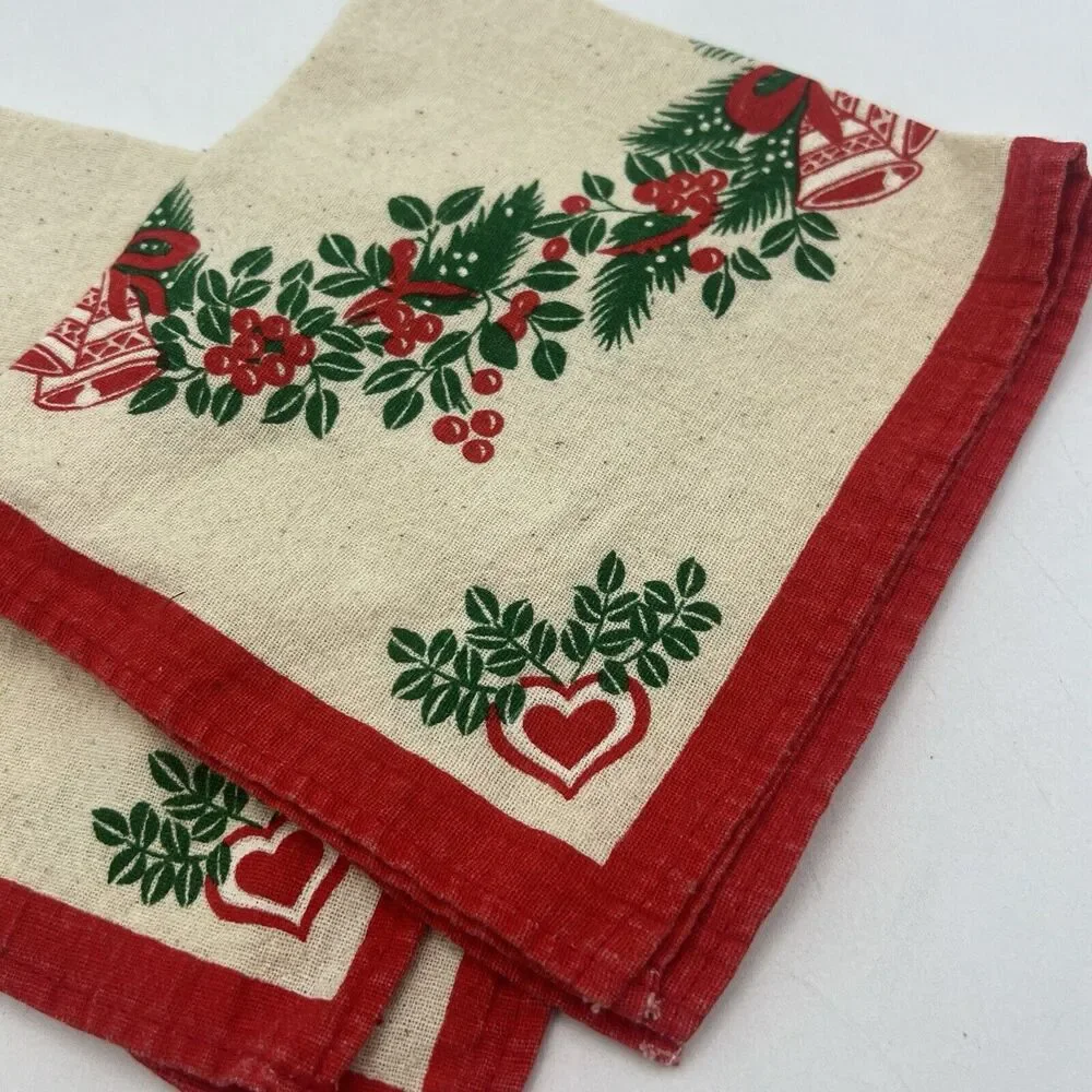 2 Vintage Cotton Muslin Christmas Napkins Red Green Bells Hearts Holly 13
